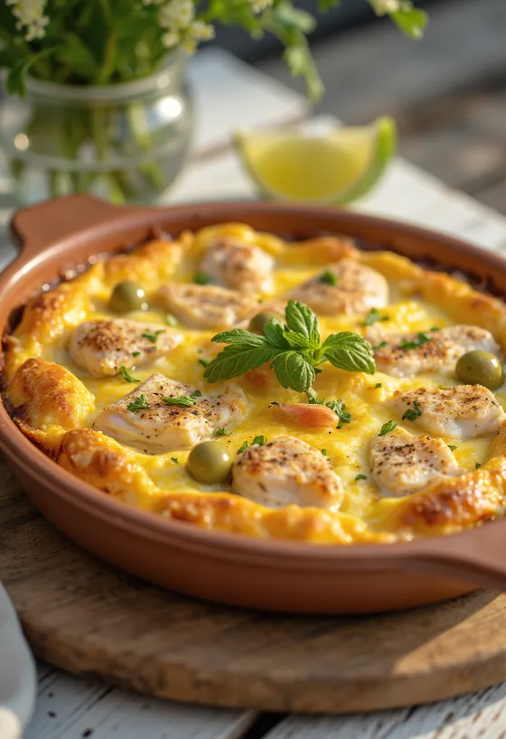 Torta Capixaba al coriandolo, superficie dorata, con frutti di mare