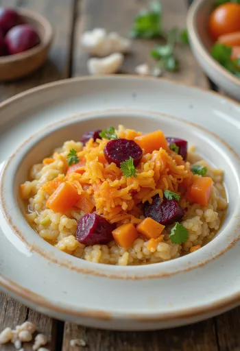 Açorda alle verdure, in ciotola decorata con prezzemolo