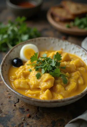 Ají de gallina servito con coriandolo, salsa cremosa