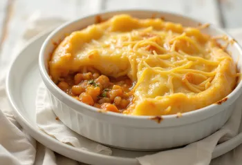 Fish pie all'olio speziato, servito con patate, pezzi di pesce e formaggio