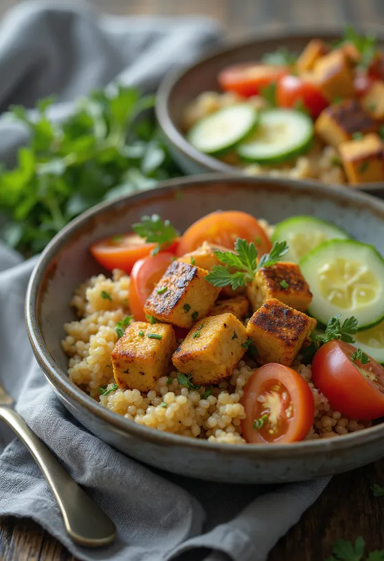 Tofu grigliato servito con insalata di quinoa