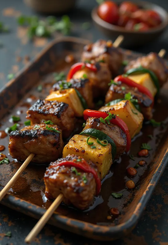 Spiedini di canguro con salsa al peperoncino serviti su un piatto rustico.