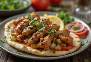 Kebab all'aglio servito con pita fresca e succo di limone