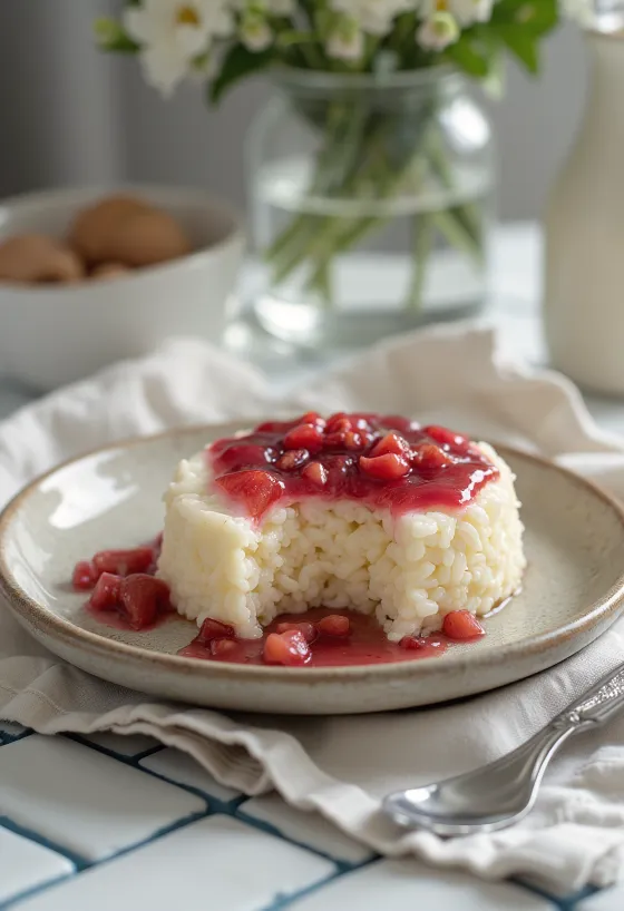 Torta mousse di riso al latte con frutta fresca e confettura