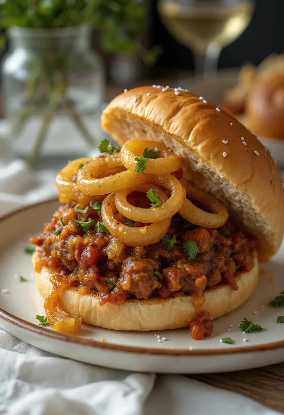 Classico panino Sloppy Joe, ricco ripieno di macinato e cipolla