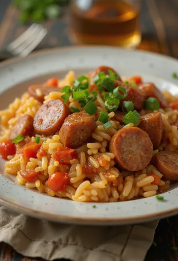 Smoked sausage jambalaya servita in una ciotola guarnita con prezzemolo