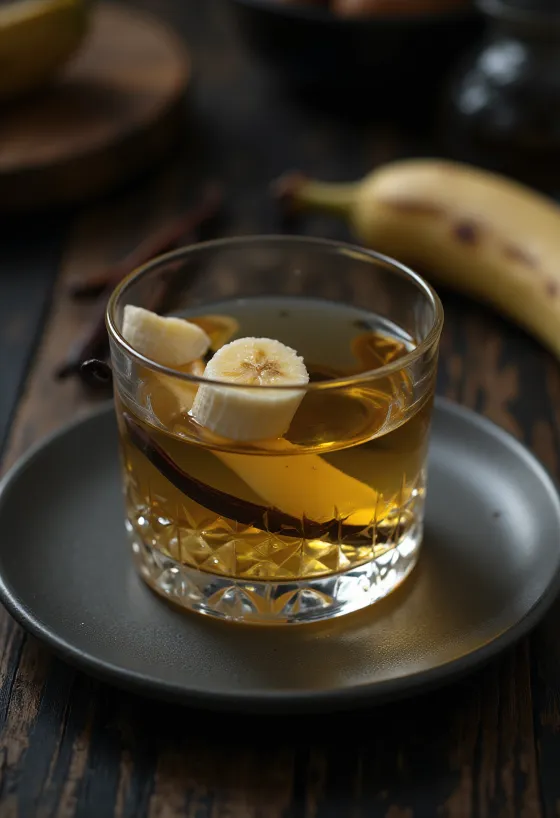 Liquore alla banana servito in bottiglia di vetro