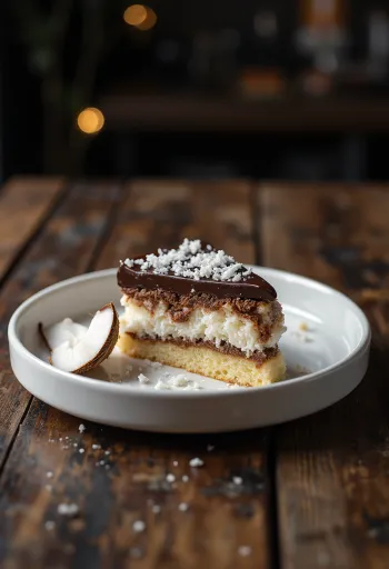 Torta Bounty decorata con glassa al cioccolato e scaglie di cocco