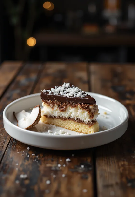Torta Bounty decorata con glassa al cioccolato e scaglie di cocco