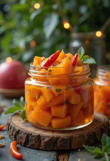 Papaya piccante sottaceto servita in barattolo