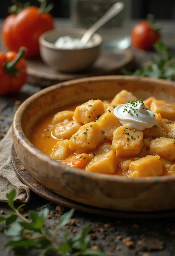 Paprikash di pesce gatto servito con pasta alla ricotta
