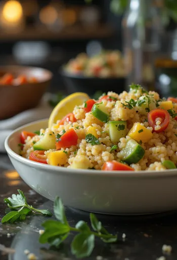 Insalata di couscous fresca servita con verdure colorate ed erbe aromatiche.