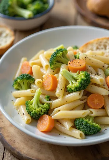 Menestra con broccoli, pasta e verdure servite in una salsa ricca