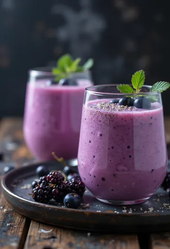 Kefir al ribes nero servito in bicchieri, con chicchi di ribes fresco