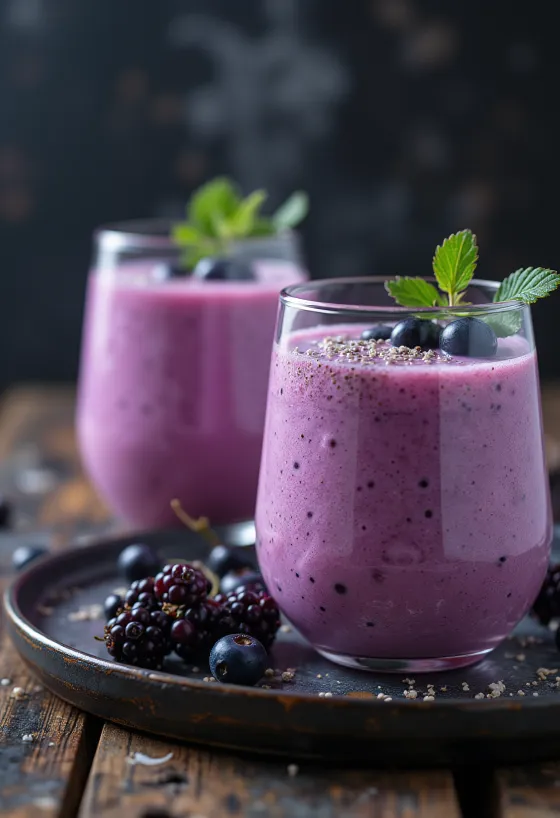 Kefir al ribes nero servito in bicchieri, con chicchi di ribes fresco