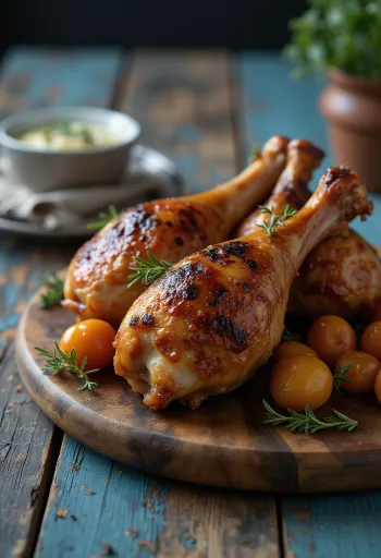 Cosce di tacchino affumicate servite su un piatto rustico