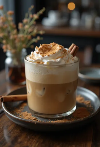 Frappé alla cannella e menta con panna montata, stecca di cannella e foglie di menta