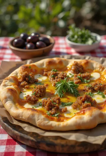 Lahmacun all'olio d'oliva, servito con impasto fresco e ripieno di carne speziata