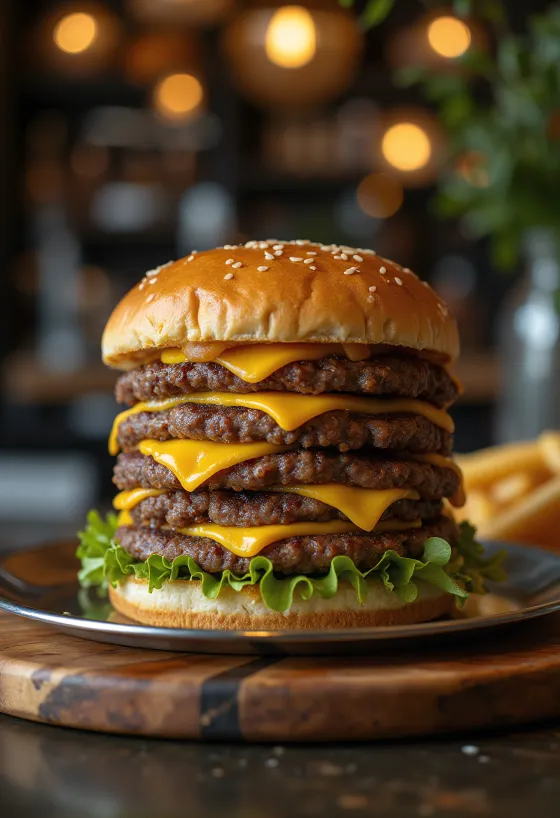 Hamburger quadruplo di carne servito