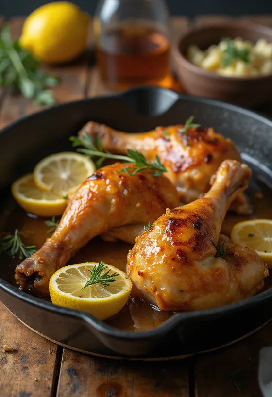 Coscia di pollo al forno dorata, con pelle croccante e decorata con erbe fresche