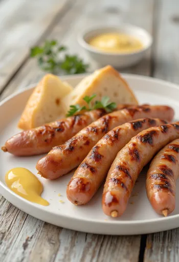 Würstel arrostiti dorati con pelle croccante, serviti con senape e pane fresco.