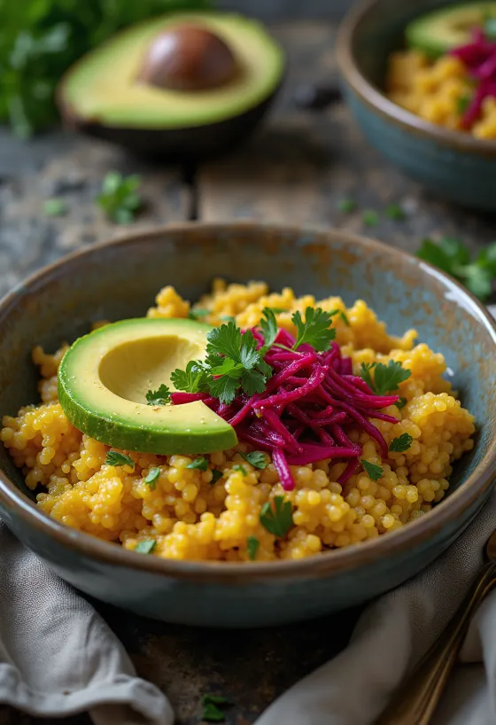Buddha bowl di quinoa al curry con barbabietola e avocado