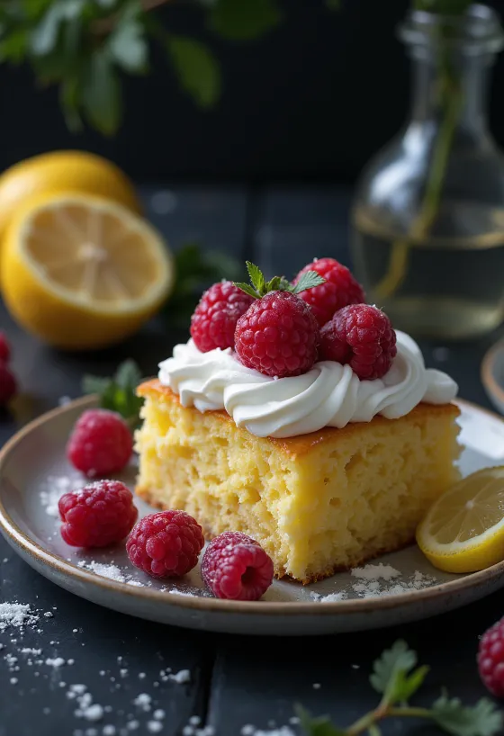 Torta al limone e lamponi con frutta fresca