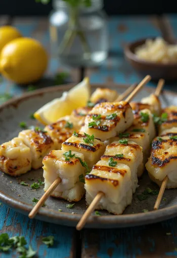 Carne di alligatore alla griglia servita con limone e verdure grigliate