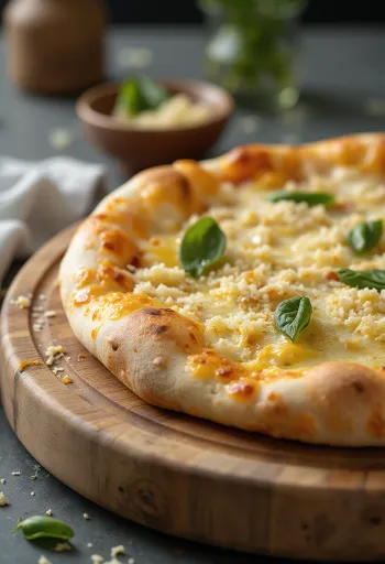 Pizza bianca servita con ricotta, mozzarella ed erbe fresche