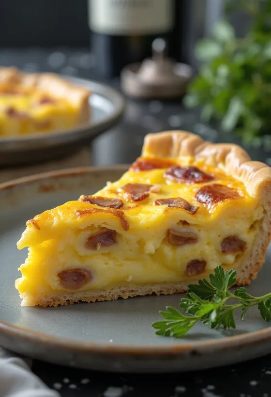 Classica Quiche Lorraine, in crosta friabile con ripieno cremoso, pezzetti di pancetta e formaggio.
