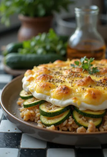Sformato di zucchine con carne trita, riso e crosta di panna acida dorata