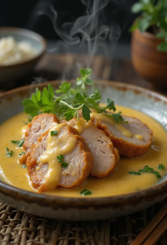 Lonza di maiale in salsa alla senape servita