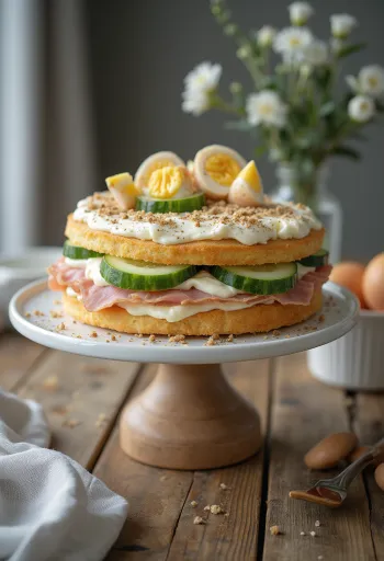 Smörgåstårta con prosciutto e pollo servita