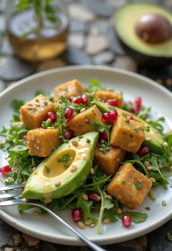 Tofu arrostito con avocado e melagrana