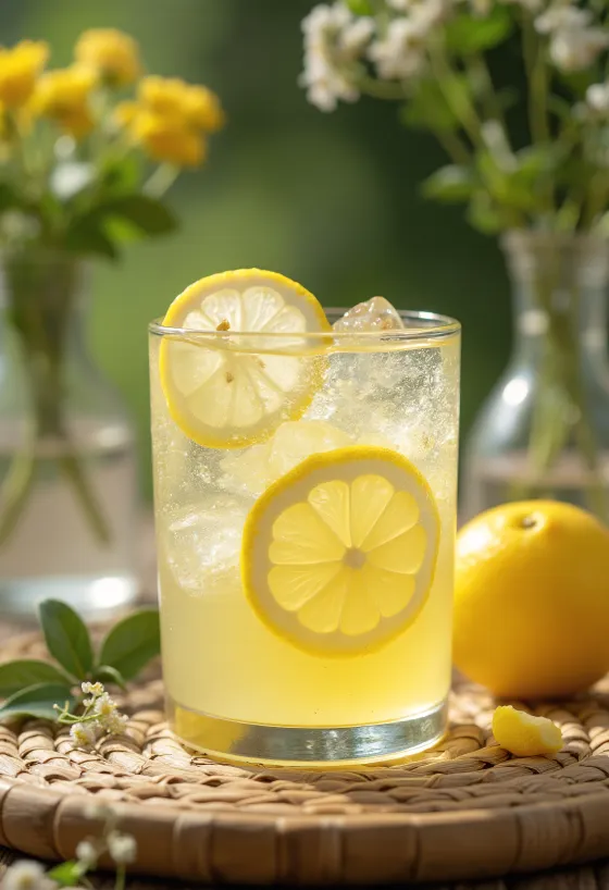 Cider al limone e sambuco bevanda fruttata decorata con fetta di limone e fiori di sambuco