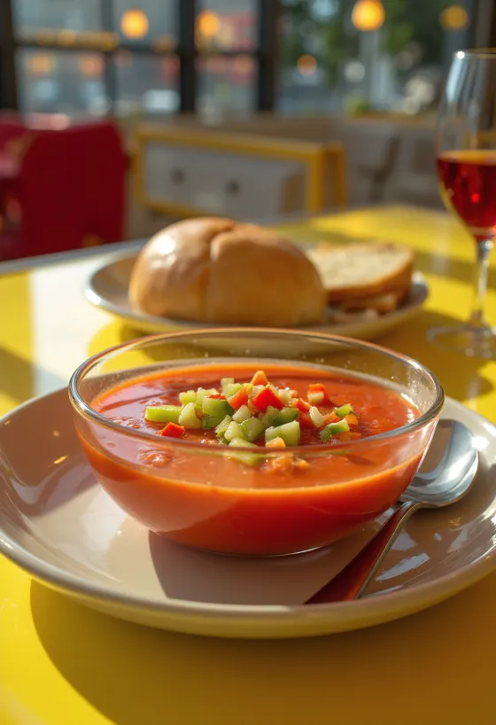 Gazpacho fresco servito ghiacciato, decorato con verdure tritate