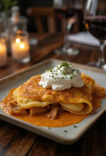 Crêpes ripiene di carne alla Hortobágy servite con panna acida e prezzemolo fresco.