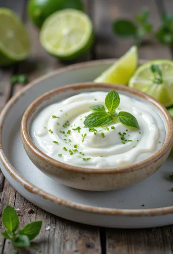 Salsa allo yogurt con lime e coriandolo servita in una ciotola con coriandolo fresco e fette di lime.