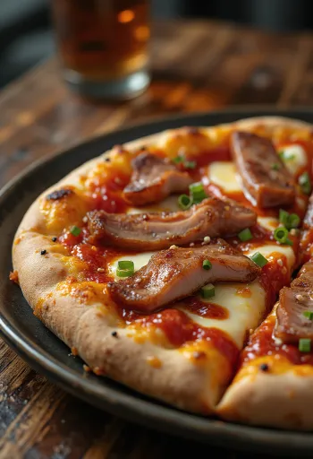 Pizza cinese con maiale Char Siu servita