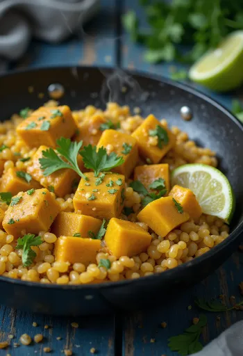 Wok di quinoa e zucca con tofu e tahina al curry servito