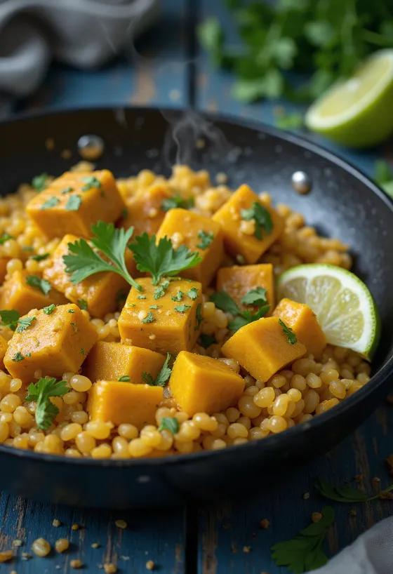 Wok di quinoa e zucca con tofu e tahina al curry servito