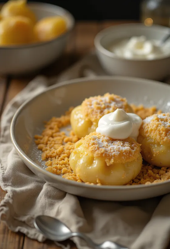 Gnocchi di ricotta in pangrattato tostato, serviti con panna acida e zucchero