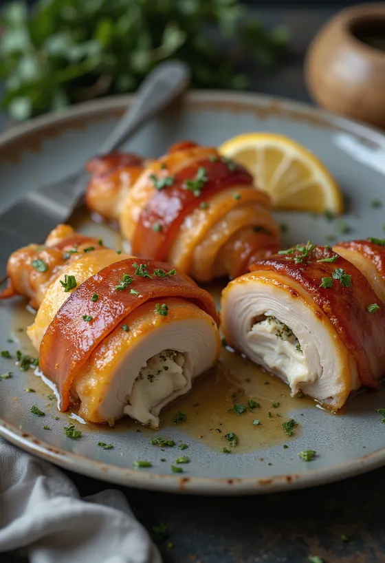 Petto di pollo avvolto nel bacon servito con verdure al vapore