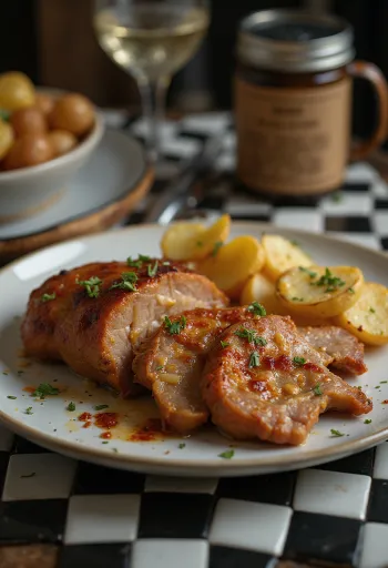 Coppa di maiale all'aglio arrostita croccante, servita con erbe fresche