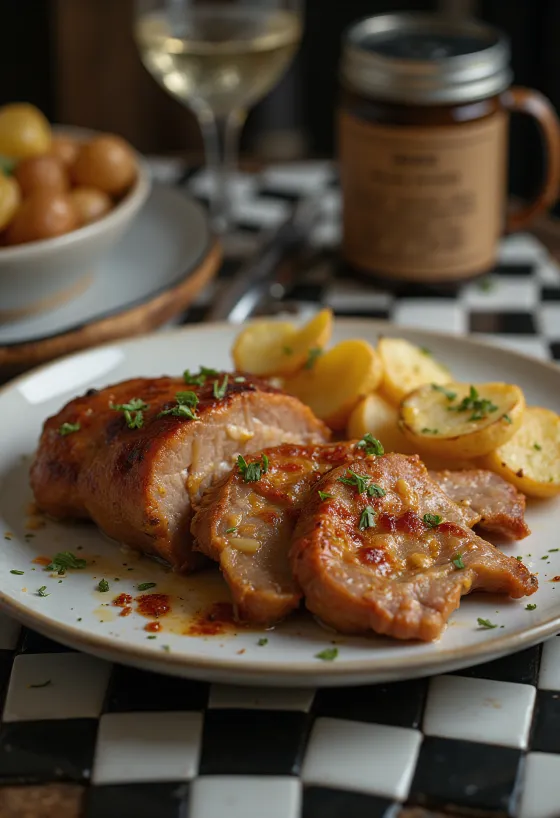Coppa di maiale all'aglio arrostita croccante, servita con erbe fresche