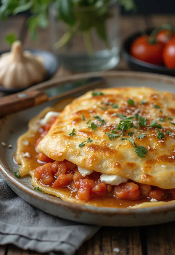 Gözleme con pomodoro, servito con prezzemolo fresco e pasta croccante.