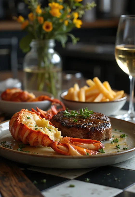 Aragosta e bistecca alla griglia, lussuoso piatto surf and turf