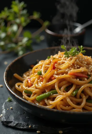 Japchae soia e miele, spaghetti di patate dolci glassati e verdure
