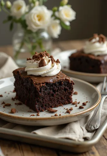 Torta brownie al cioccolato con panna montata e scaglie di cioccolato