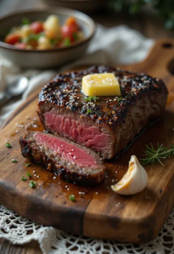 Bistecca di Kudu servita con spicchi di limone e verdure.